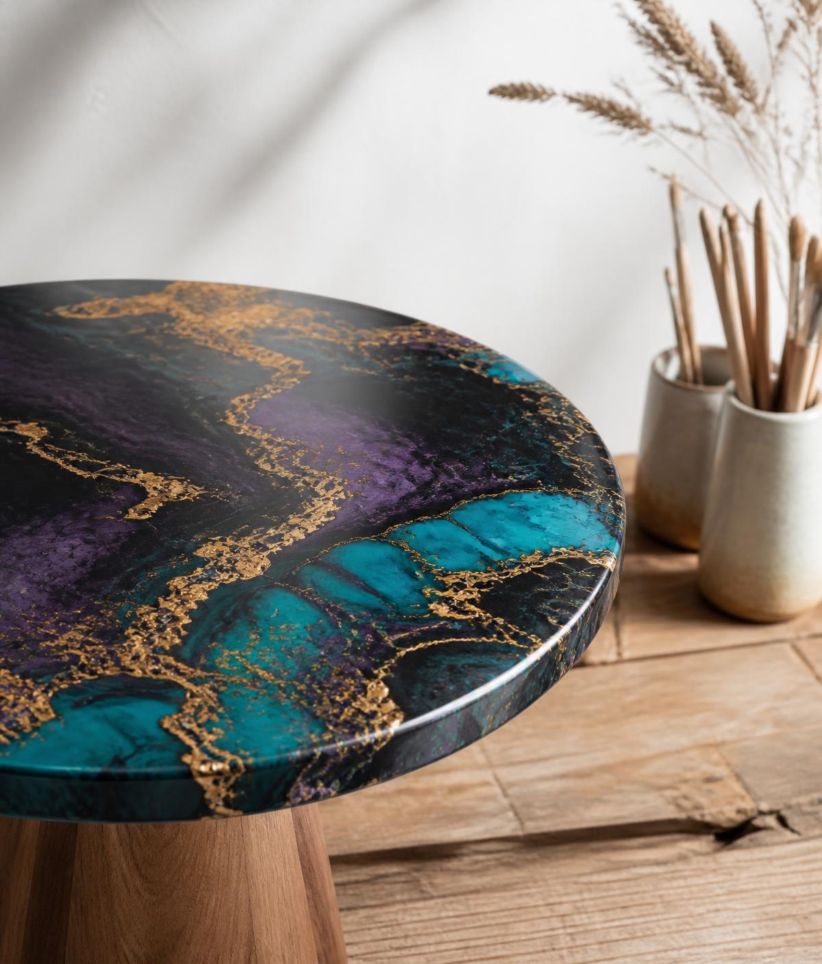Mesa artesanal com tampo de resina marmorizada em turquesa, roxo e dourado em um ateliê